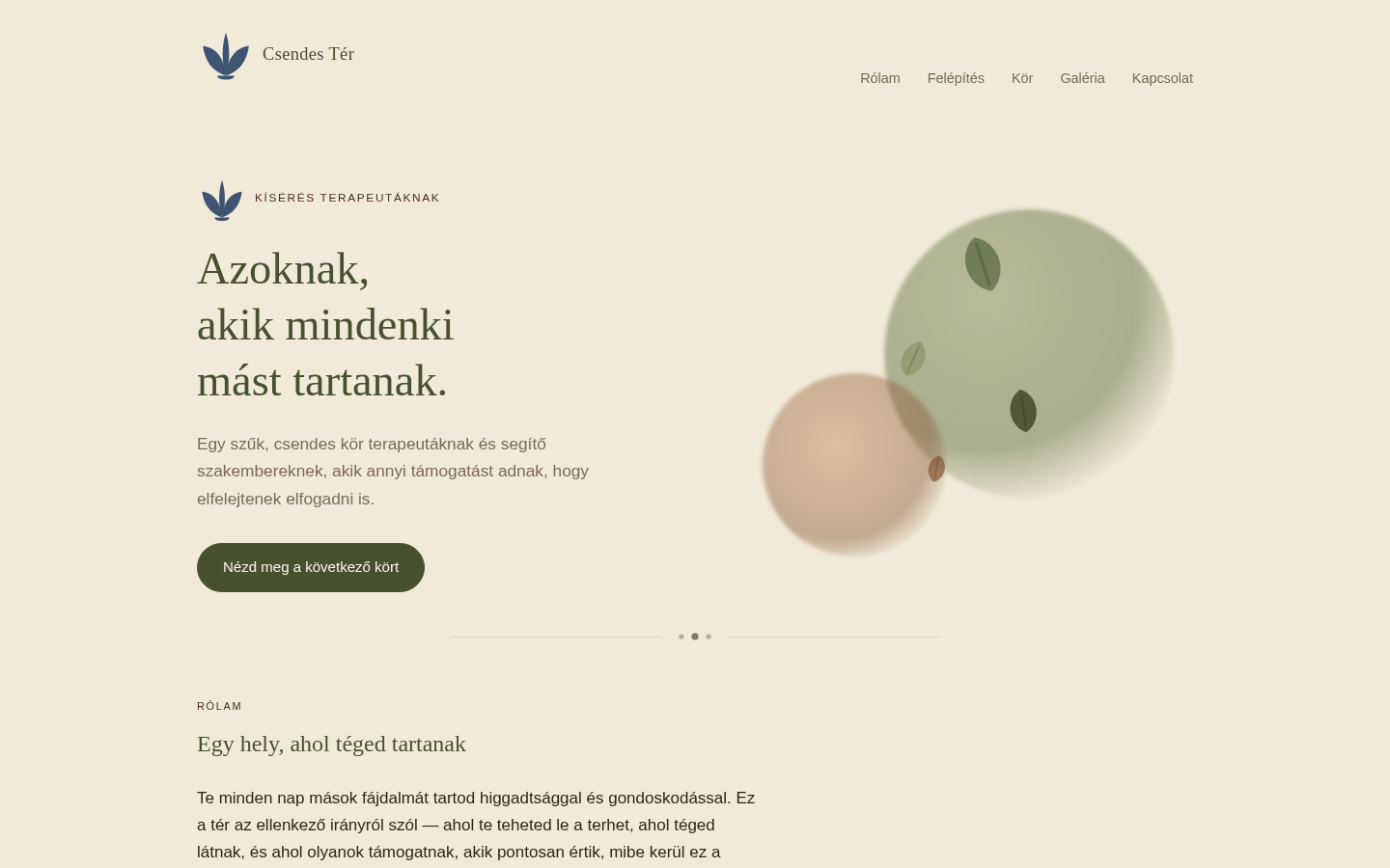 Csendes Tér homepage — warm cream palette, serif headline reading 'Azoknak, akik mindenki mást tartanak', with soft organic illustration
