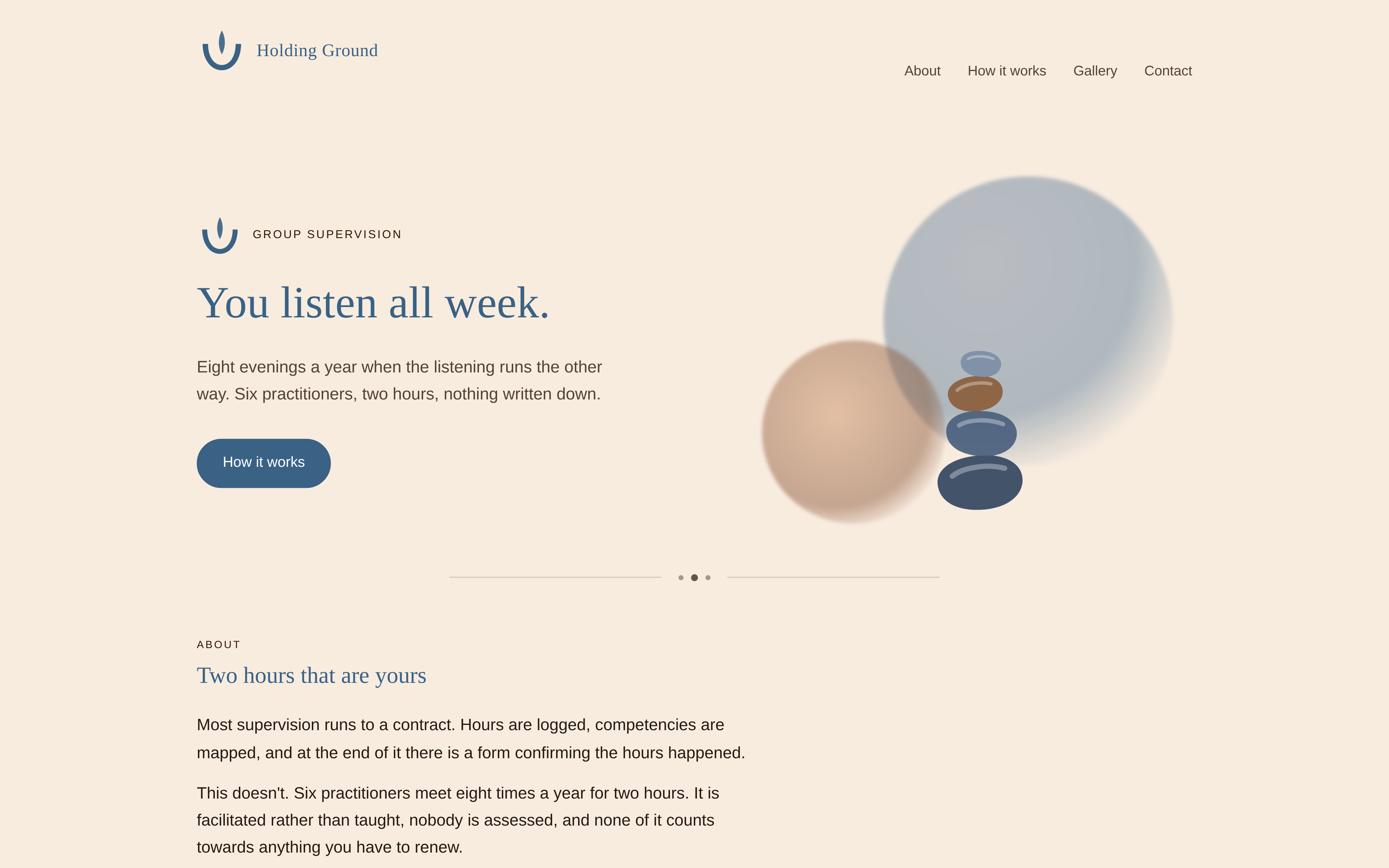 Holding Ground homepage — cream paper, a slate-blue serif headline reading 'Somewhere to set it down.', and a cairn of four stacked stones over two soft washes of colour