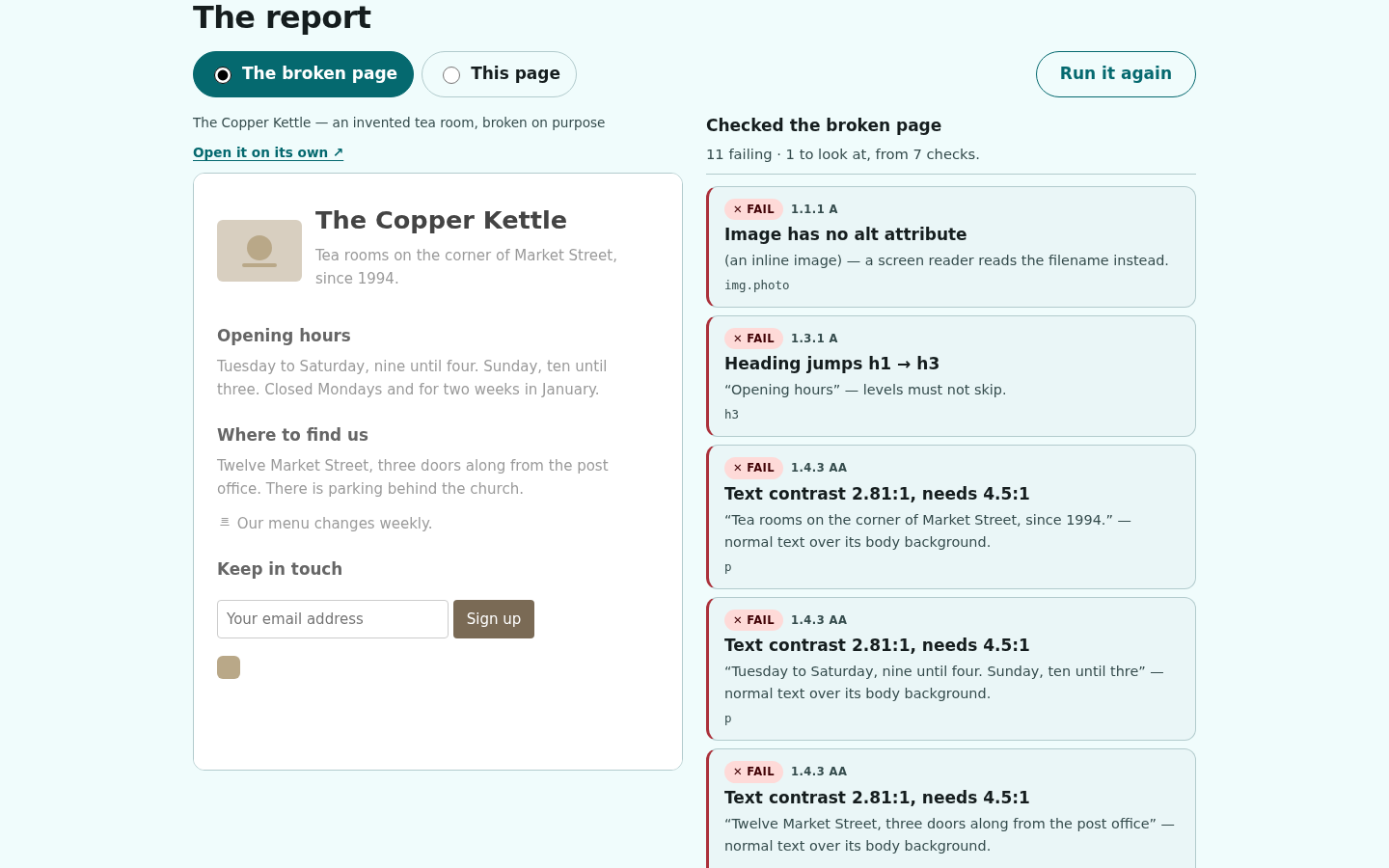 The accessibility report page — a framed sample tea-room website on the left, and a list of findings on the right reading 'Image has no alt attribute', 'Heading jumps h1 to h3' and 'Text contrast 2.81:1, needs 4.5:1'